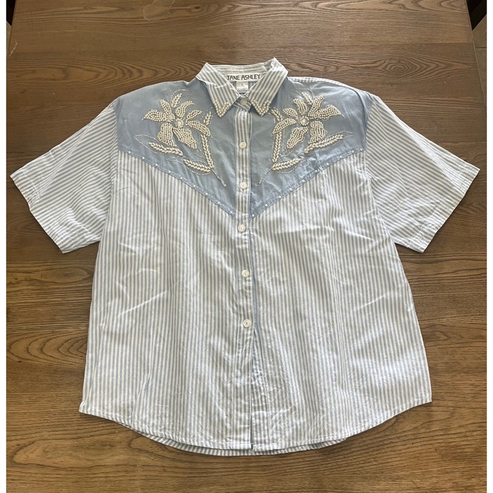 Jane Ashley Womens Blue White Striped Beaded Floral Western Cotton Shirt Large